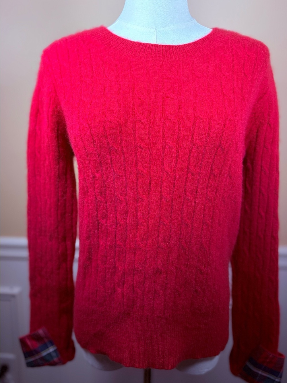 ❤️ Vineyard Vines Cashmere Cable Knit Sweater XL Red Plaid Cuffs 🎄